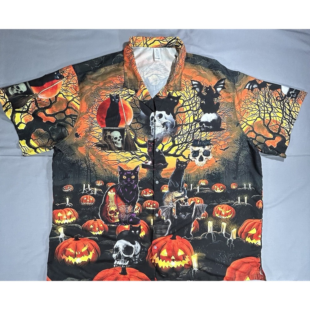 Halloween‎ Scary Short Sleeve shirt men's 4XL - Skulls Pumpkins Black Cats